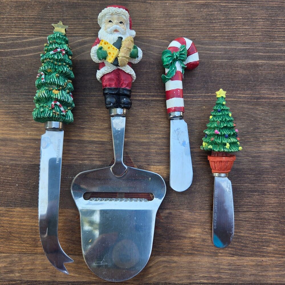 Vintage Christmas Charcuterie Serving Tool Set Santa Tree Candy Cane 4 Pc